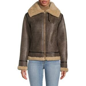 Blue Duck Shearling Trim Leather Biker Jacket - Xs Sahara Brown